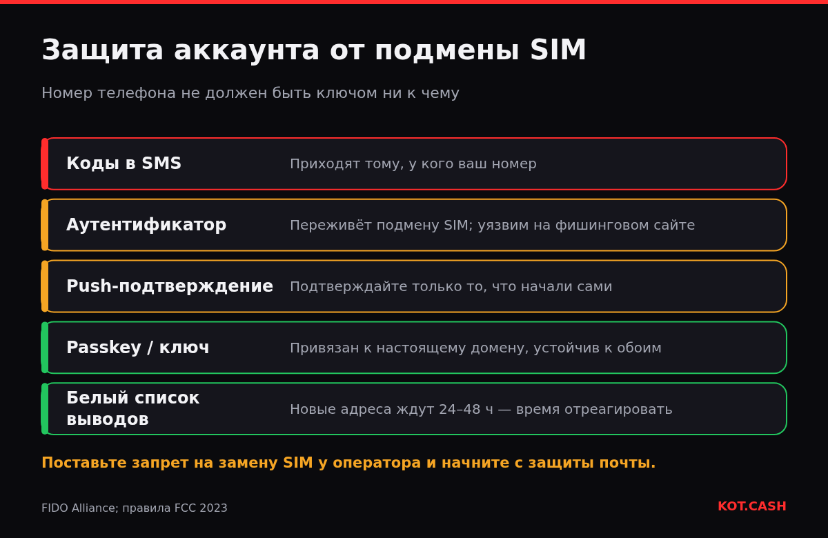 Пять уровней защиты аккаунта: SMS-коды под угрозой, аутентификатор и push в середине, passkey и белый список выводов — самые надёжные.