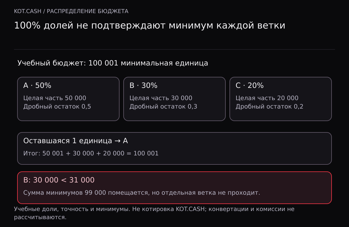 Бюджет 100 001 единица распределяется по 50/30/20 процентам. После целых частей остаётся 1 единица, её получает A по наибольшему дробному остатку. B получает 30 000 при введённом минимуме 31 000.