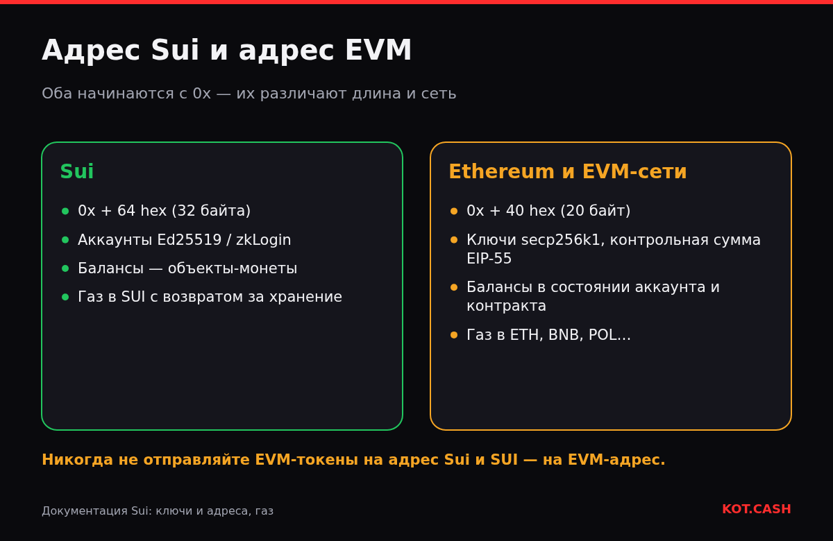 Сравнение адреса Sui (0x и 64 hex, объекты-монеты, газ в SUI с возвратом) и EVM-адреса (0x и 40 hex, состояние аккаунта, газ в ETH или BNB).