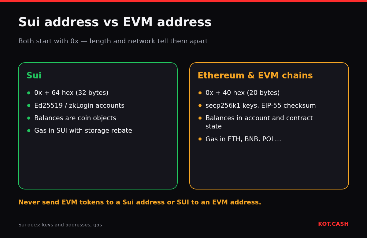 Comparison of a Sui address (0x plus 64 hex, coin objects, gas in SUI with rebate) and an EVM address (0x plus 40 hex, account state, gas in ETH or BNB).