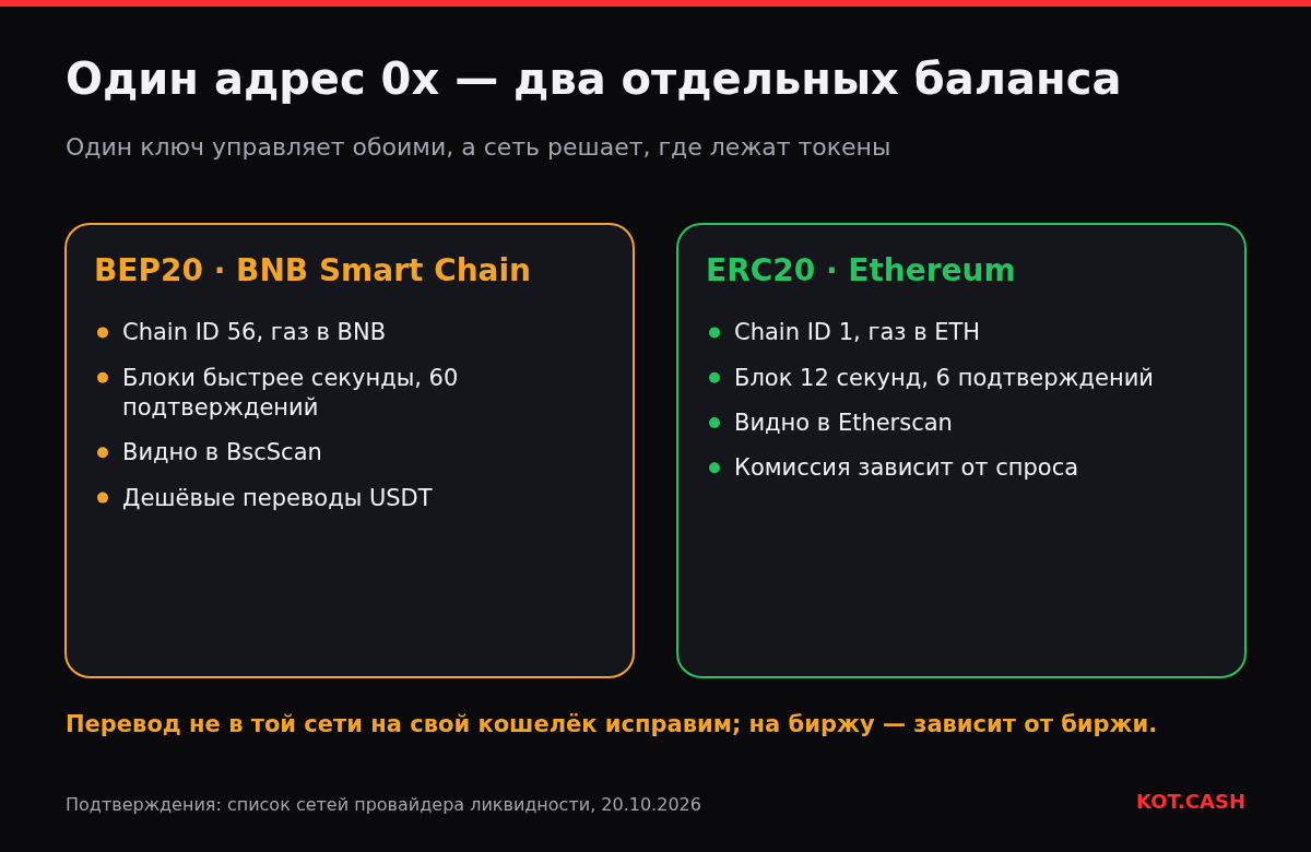 Сравнение BEP20 в BNB Smart Chain и ERC20 в Ethereum: один адрес 0x, разные chain ID, газовая монета, время блока и обозреватель.