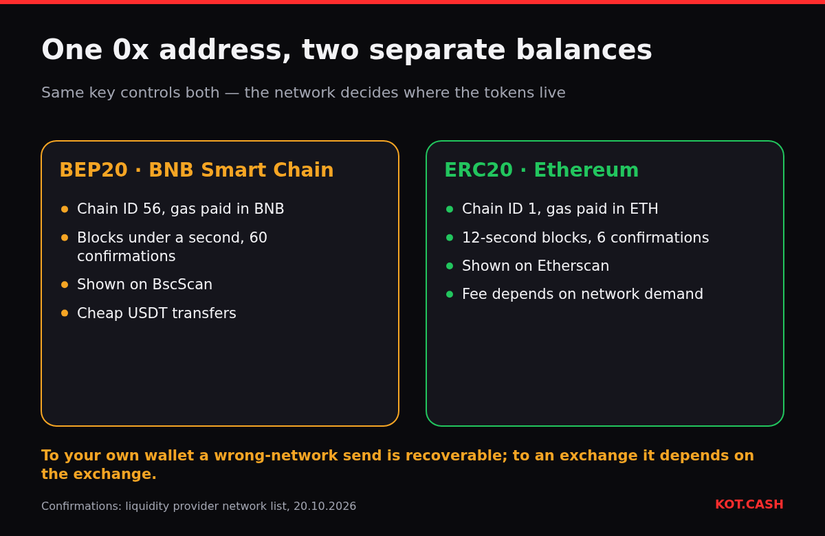 Comparison of BEP20 on BNB Smart Chain and ERC20 on Ethereum: same 0x address, different chain ID, gas coin, block time and explorer.