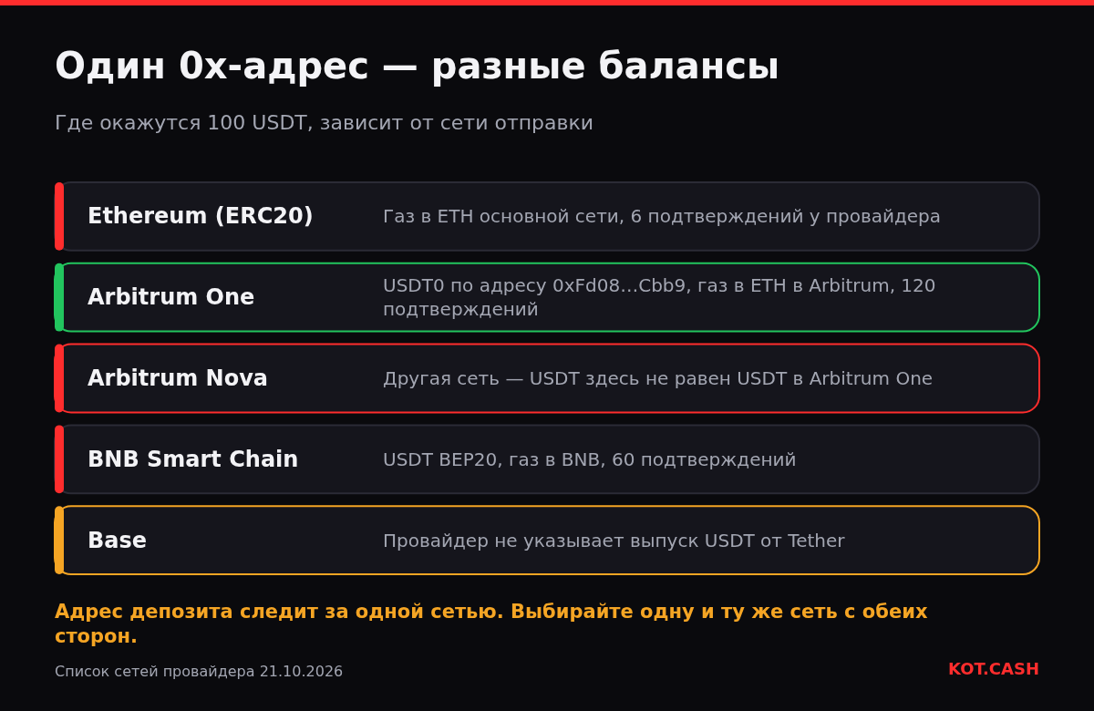 Слои EVM-сетей с одним 0x-адресом: Ethereum, Arbitrum One, Arbitrum Nova, BNB Smart Chain, Base.