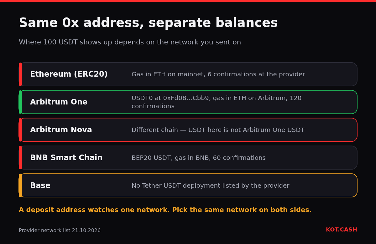 Layered diagram of EVM networks sharing one 0x address: Ethereum, Arbitrum One, Arbitrum Nova, BNB Smart Chain, Base.