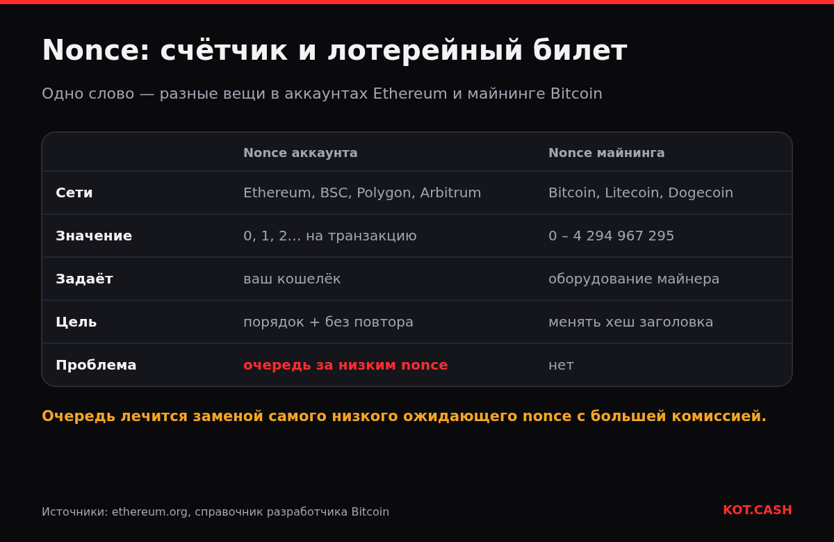 Таблица: nonce аккаунта Ethereum и nonce майнинга Bitcoin — сети, значения, кто задаёт и зачем.