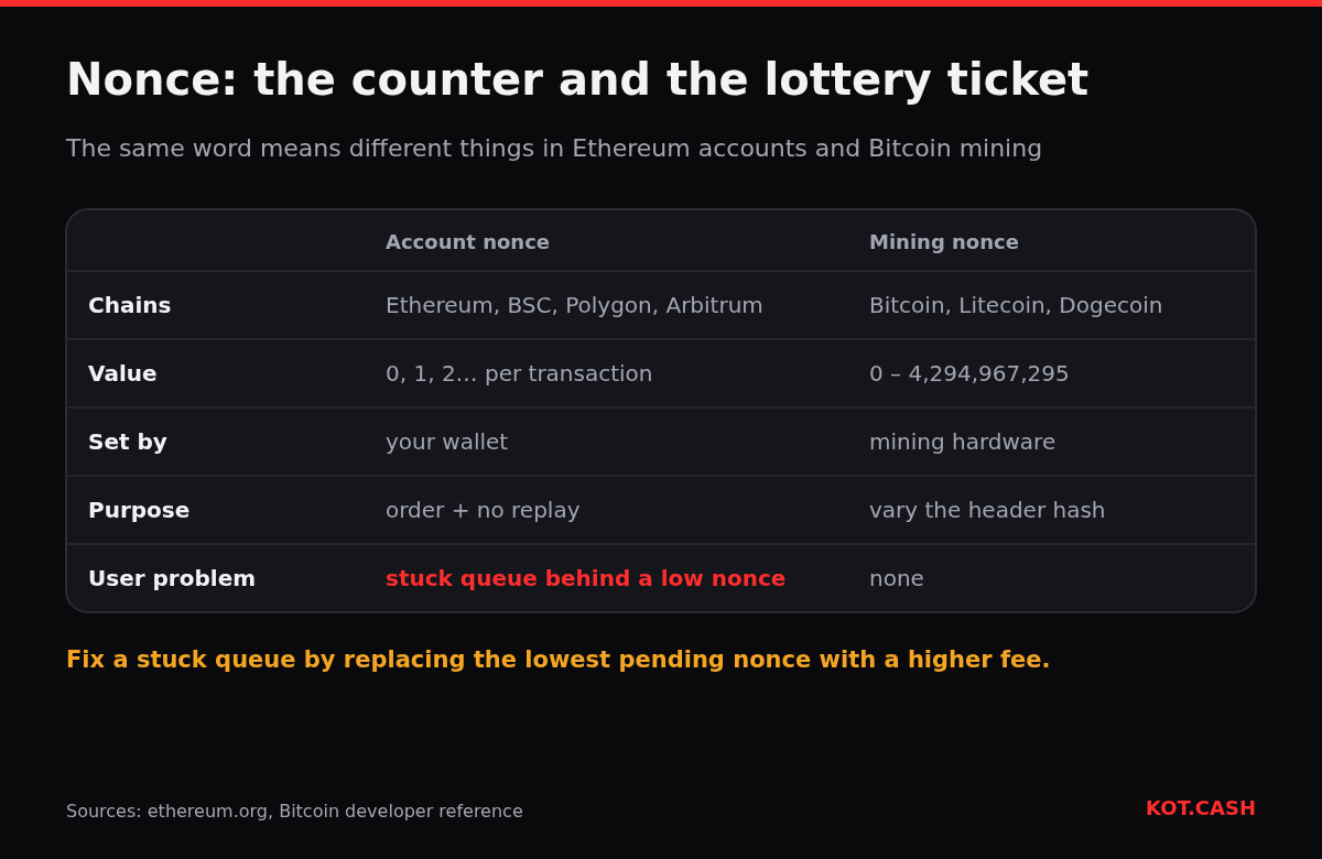 Table comparing the Ethereum account nonce with the Bitcoin mining nonce: chains, values, who sets it and why.