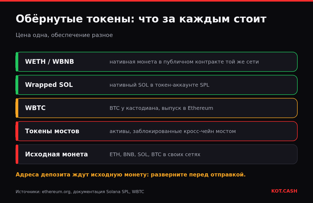 Слои обеспечения обёрнутых токенов: WETH и WBNB контрактами, wrapped SOL токен-аккаунтами, WBTC кастодианом, токены мостов мостом.