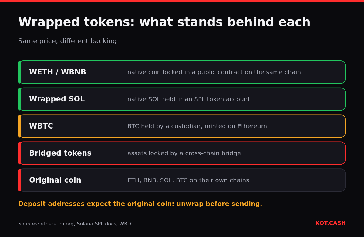 Layers showing what backs wrapped tokens: WETH and WBNB by contracts, wrapped SOL by token accounts, WBTC by a custodian, bridged tokens by a bridge.