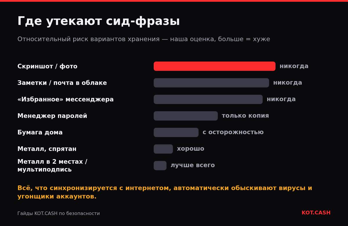 Столбчатая диаграмма рисков хранения сид-фразы: сверху скриншоты и заметки в облаке, внизу металлические пластины в двух местах.