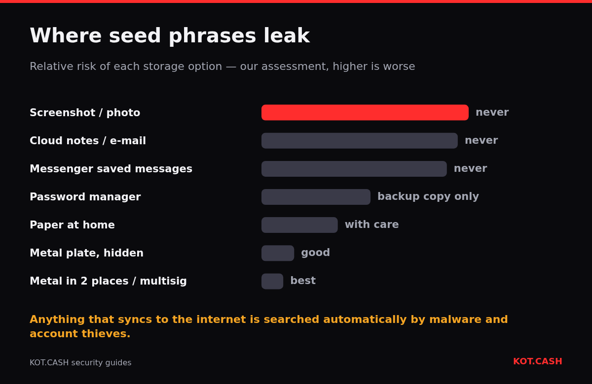 Bar chart ranking seed phrase storage by risk, from screenshots and cloud notes at the top to metal plates in two locations at the bottom.